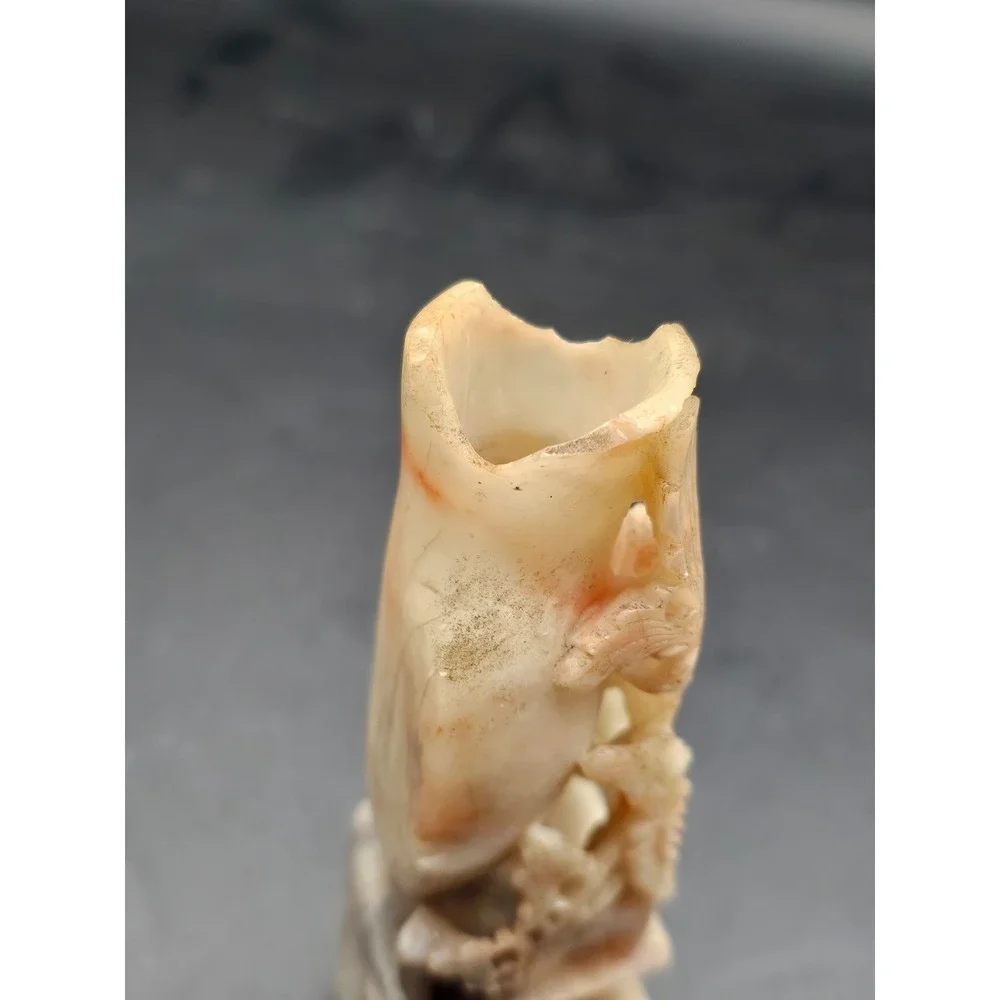 Vintage Chinese Soapstone Small Vase Hand Carved White Floral 4.5in SIGNED